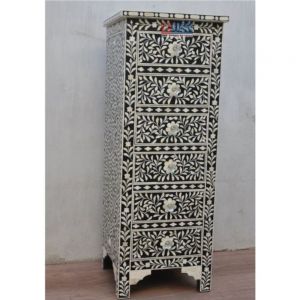 Vintage Style Bone Inlay Wooden Tall Boy Dresser Handmade Six Drawer Chest 