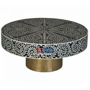 Handmade Round Black Coffee Table with Elegant Floral Pattern Bone Inlay Furniture