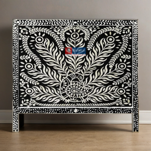 Handcrafted Bone Inlay Black Headboard with Elegant Floral Detailing