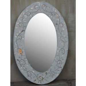 Unique MOP Inlay Circular Mirror Frame with Elegant White Floral Motif
