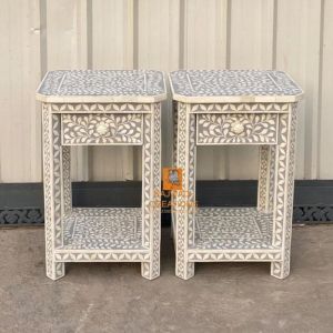 Handmade Bone Inlay Bedside / Nightstand / Side Table Set Of Two