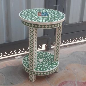 Artisanal Bone Inlay Floral Pattern End Table – Intricate Handmade Craft