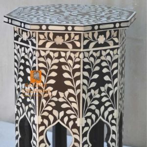 Elegant Bone Inlay Side Table featuring Intricate Floral Pattern Artistic End Table Choice