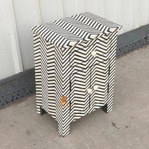 Handmade Bone Inlay Zig-zag Pattern Nightstand with 1 Door and 1 Drawer