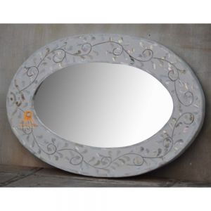 Unique MOP Inlay Circular Mirror Frame with Elegant White Floral Motif