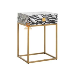 Handmade Bone Inlay Bedside Table with Iron Legs Elegant Stripe Pattern Design
