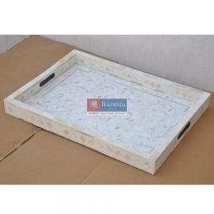Elegant Floral Bone Inlay Serving Tray Handcrafted Home Accent