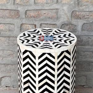 Handcrafted Bone Inlay Zig-Zag Pattern End Table Boho Chic Home Decor