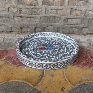 Elegant Handmade Tray featuring Floral Mother of Pearl Inlay - Black Delight