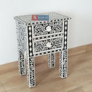 Handcrafted Black Floral Design Bone Inlay Nightstand with 2 Drawers - Elegant & Unique