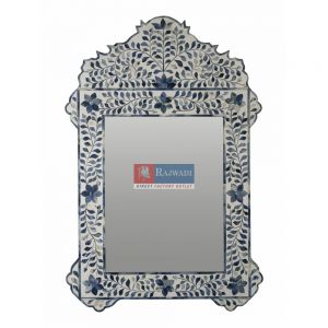 Unique Bone Inlay Blue Mirror Frame with Floral Design Wall Art
